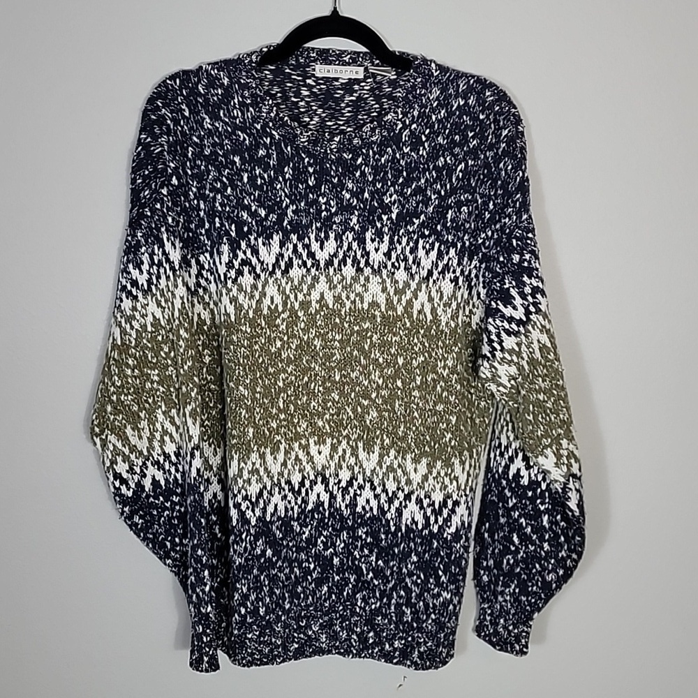 Vintage Claiborne Mens Chunky Knit Sweater Size M Speckled Blue Green Y2K Heavy